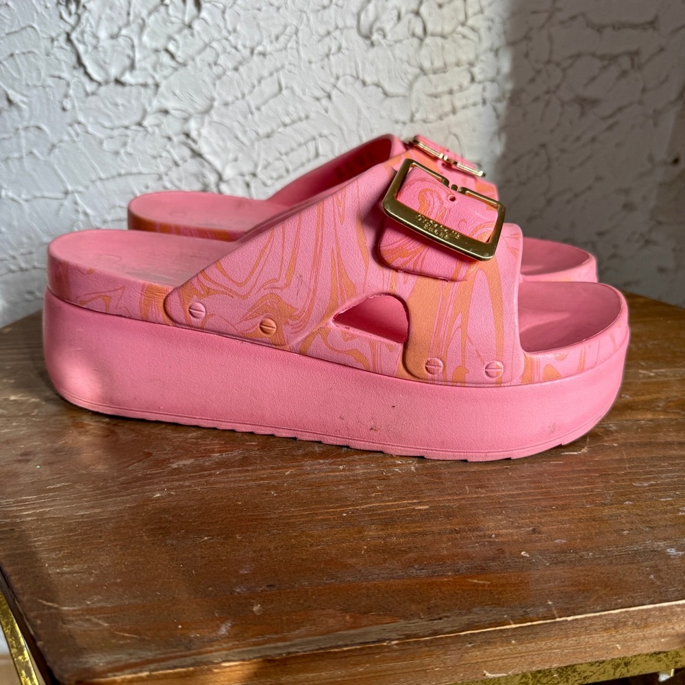Dr. Scholl's Pink Platform Slide Sandals with Gold Buckle - Picture 3 of 6